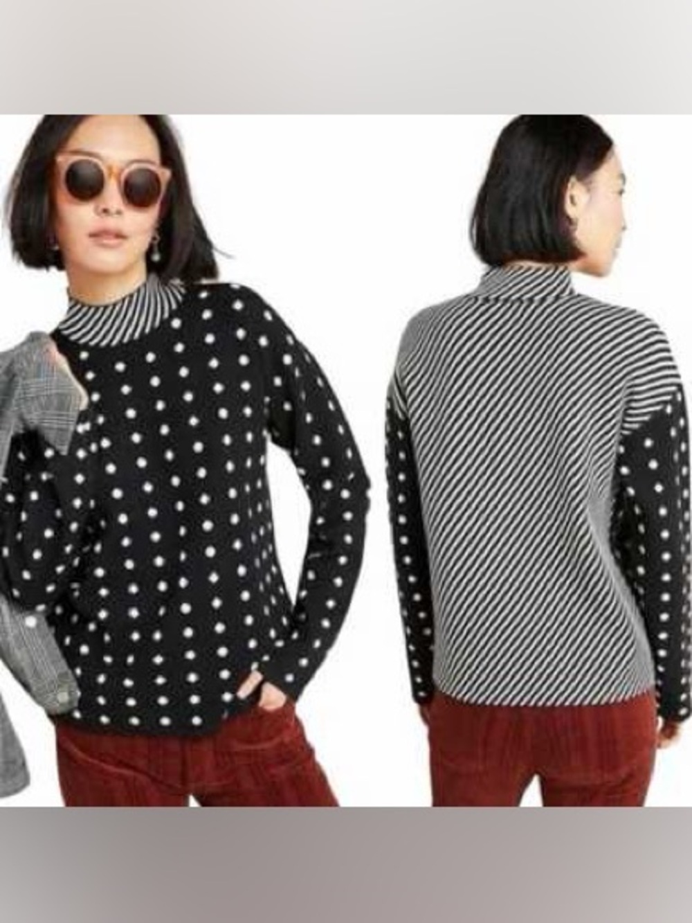 Anthropologie Black and White Polka Dot & Striped Turtleneck Sweater